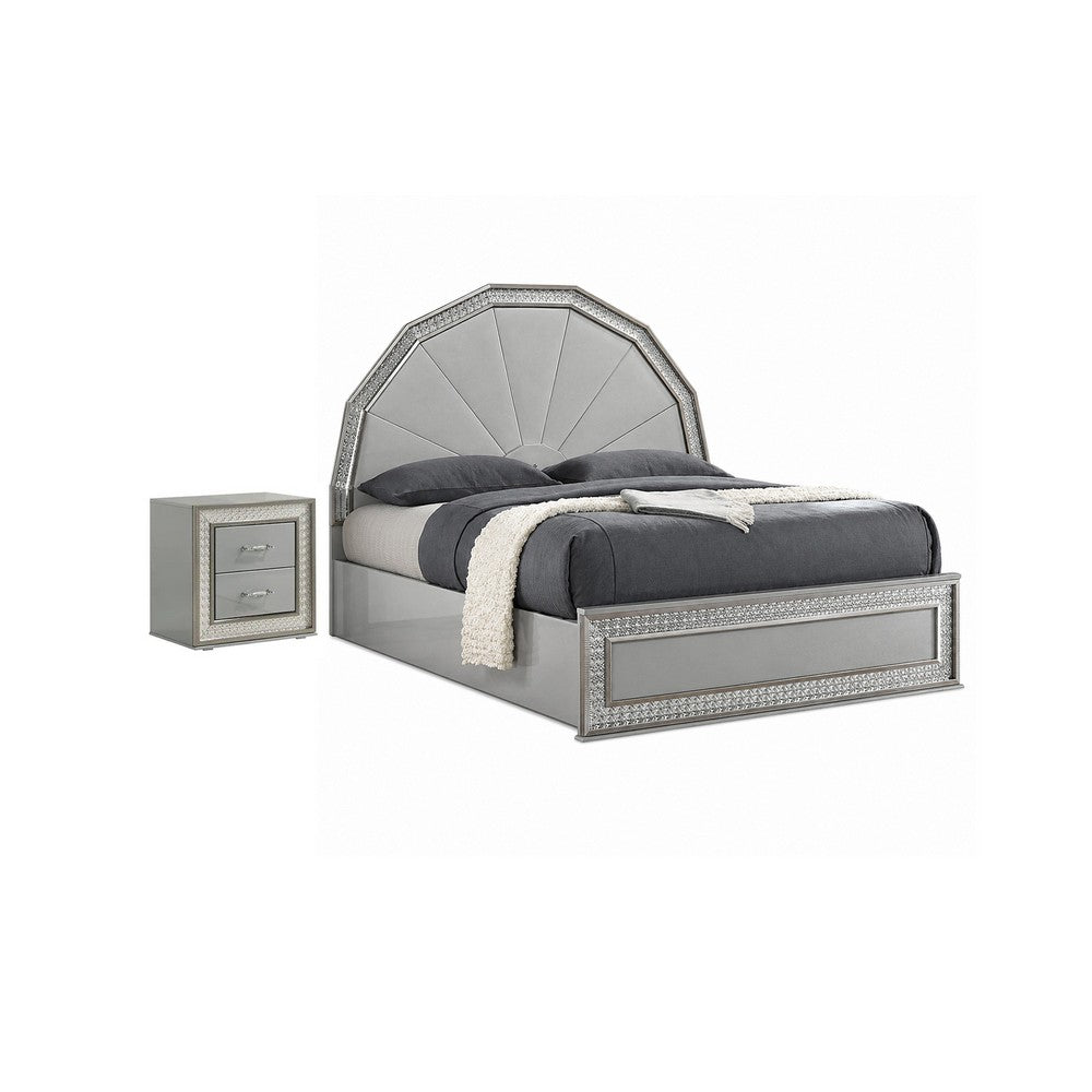 2pc King Bedroom Set, Metallic Gray, Silver Wood, Nightstand
