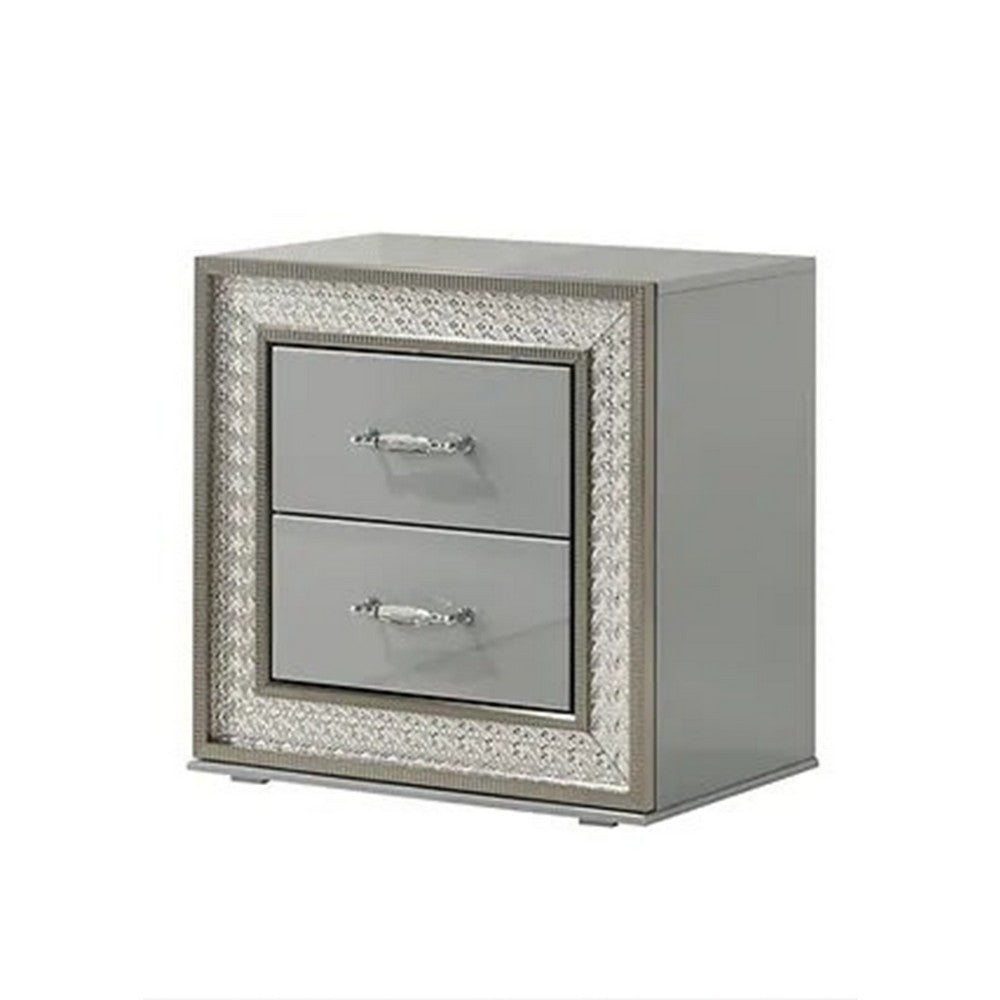 2pc King Bedroom Set, Metallic Gray, Silver Wood, Nightstand
