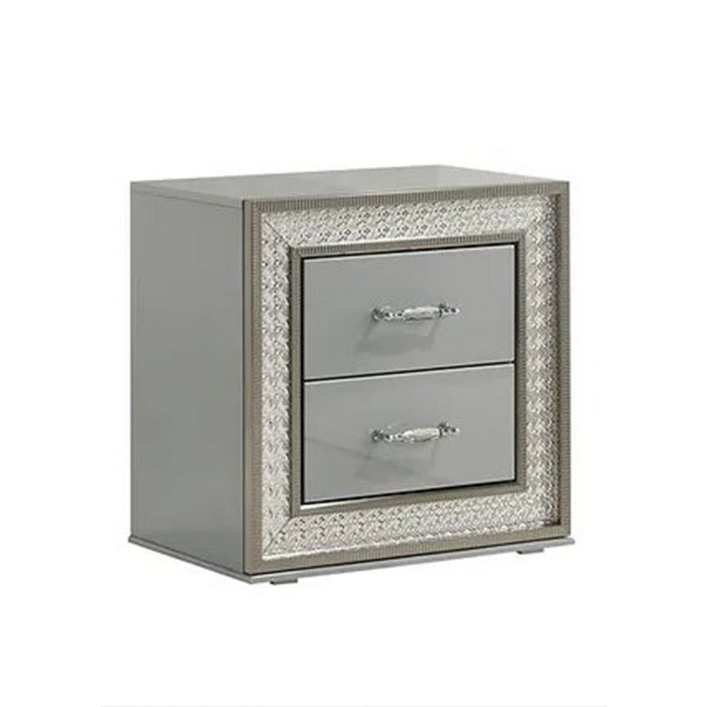 2pc King Bedroom Set, Metallic Gray, Silver Wood, Nightstand