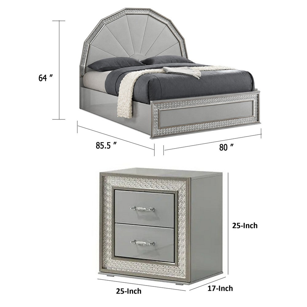 2pc King Bedroom Set, Metallic Gray, Silver Wood, Nightstand