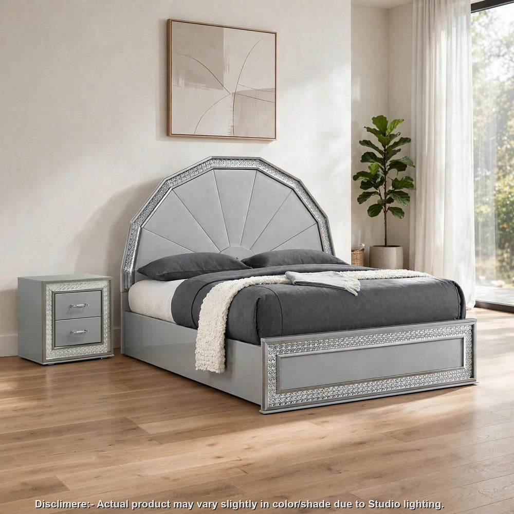 2pc King Bedroom Set, Metallic Gray, Silver Wood, Nightstand