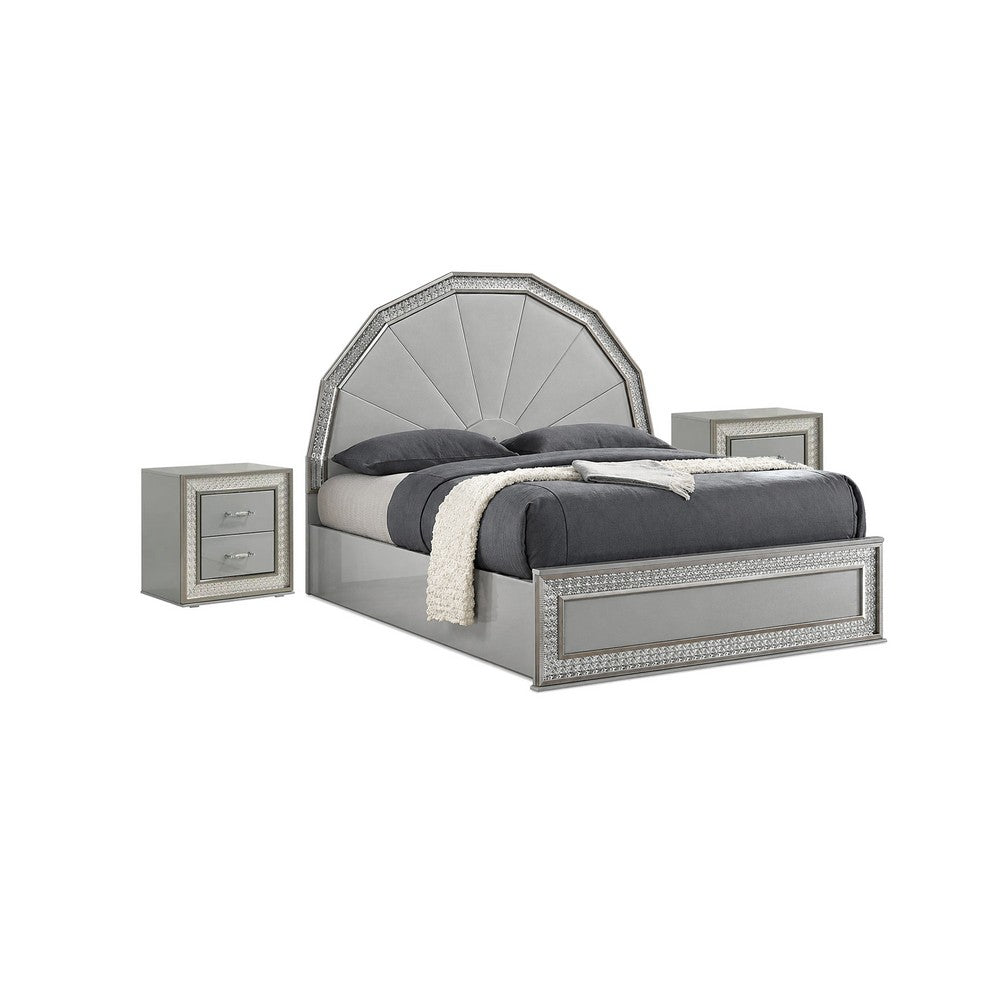 3pc King Bedroom Set, Metallic Gray, Silver Wood, 2 Nightstands