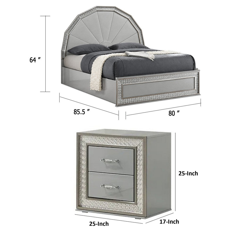 3pc King Bedroom Set, Metallic Gray, Silver Wood, 2 Nightstands