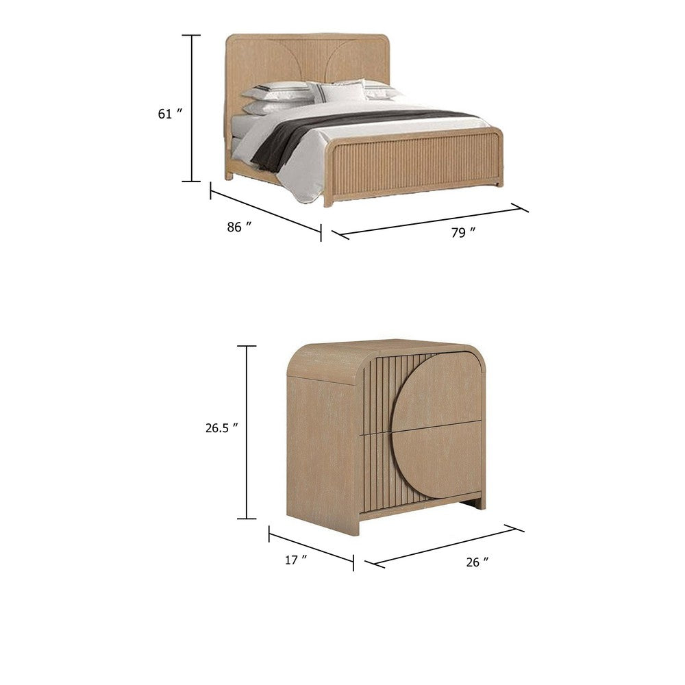 2pc King Bedroom Set, Natural Brown Wood, Nightstand
