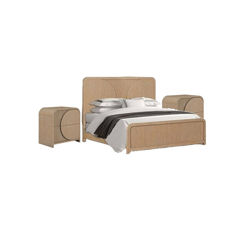 3pc King Bedroom Set, Natural Brown Wood, 2 Nightstands
