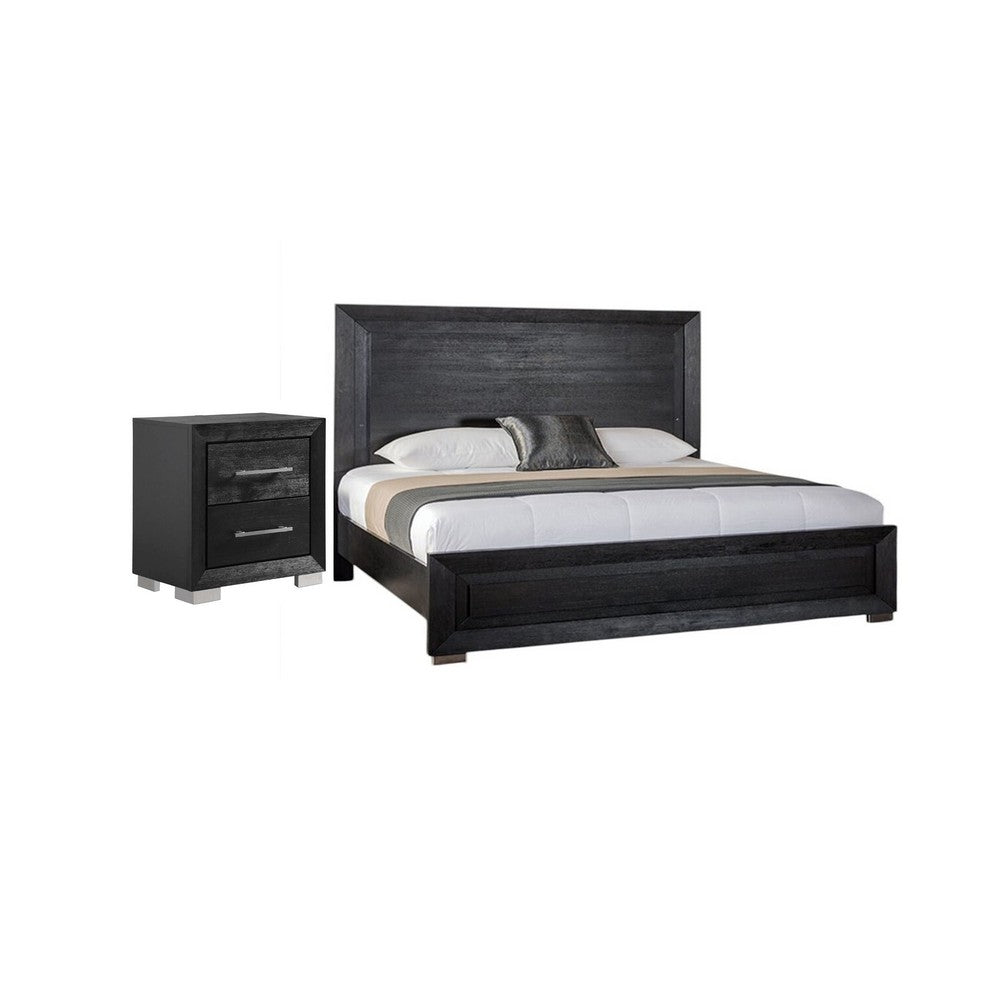 2pc King Bedroom Set, Black, Chrome, Nickel Wood, Nightstand