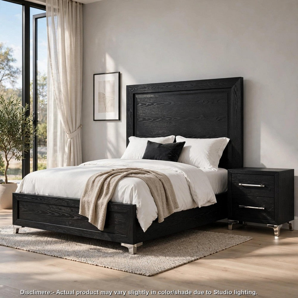2pc King Bedroom Set, Black, Chrome, Nickel Wood, Nightstand