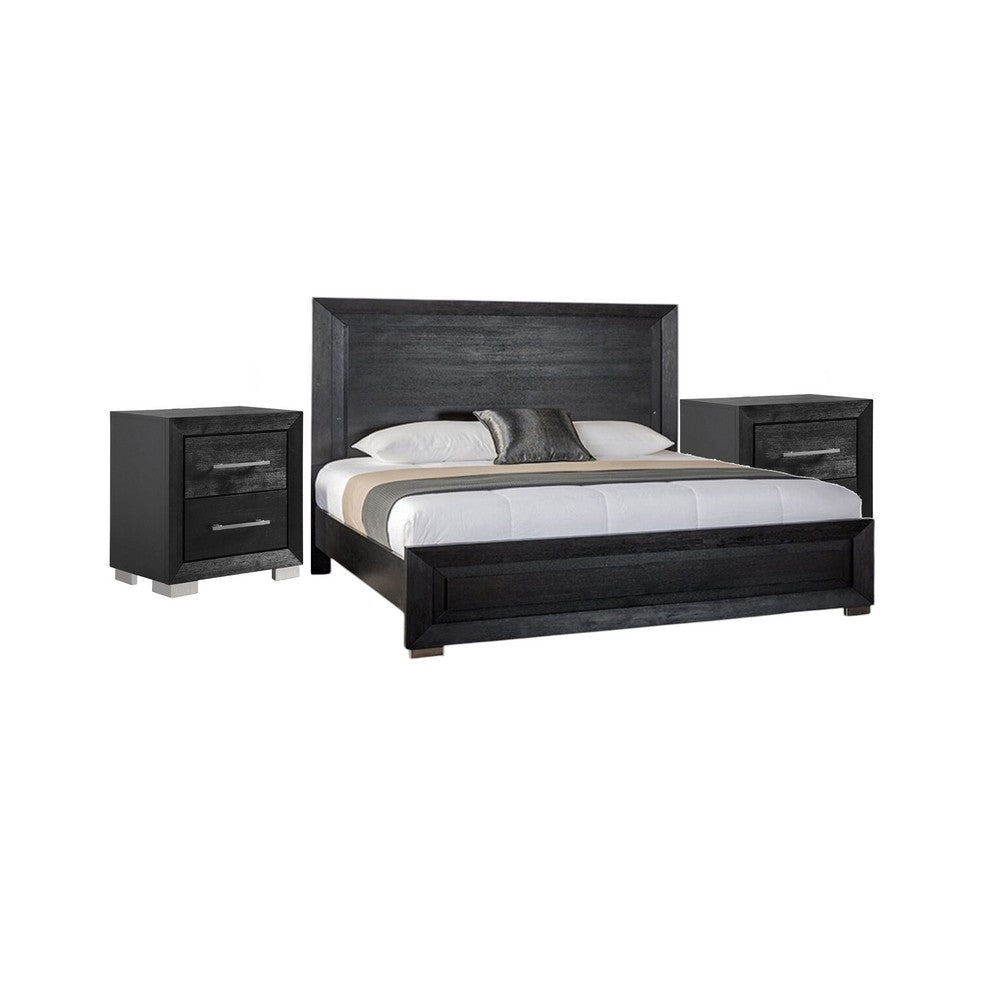 3pc King Bedroom Set, Black, Chrome, Nickel Wood, 2 Nightstands