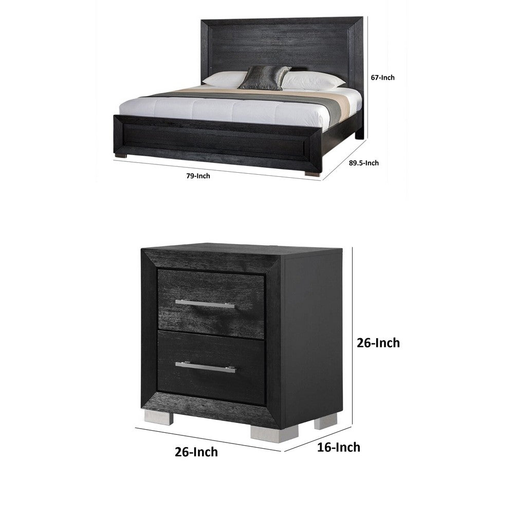3pc King Bedroom Set, Black, Chrome, Nickel Wood, 2 Nightstands