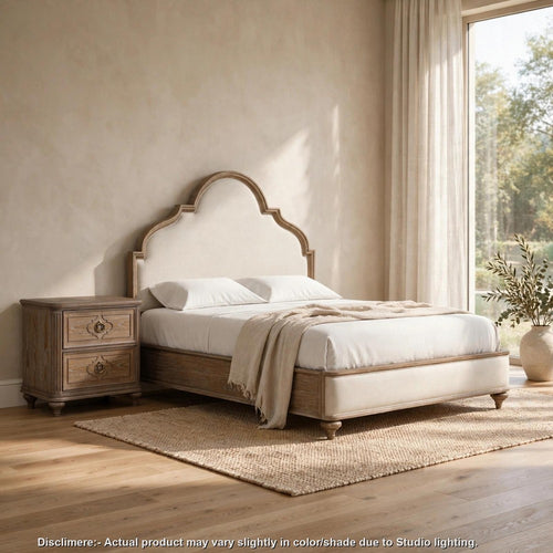 2pc King Bedroom Set, Rustic Oak Brown, Ivory, Gold Wood, Nightstand