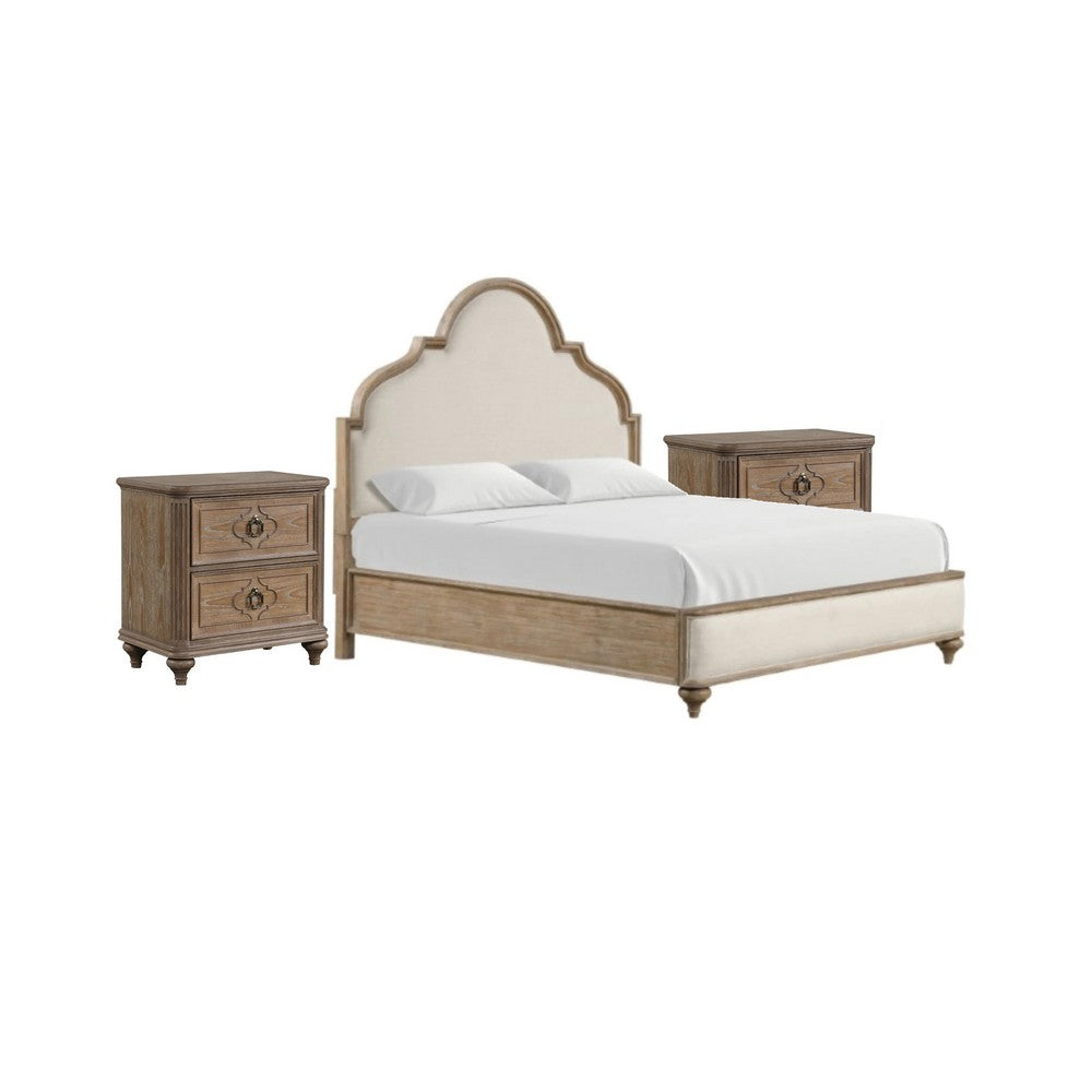 3pc King Bedroom Set, Rustic Oak Brown, Ivory, Gold Wood, 2 Nightstands
