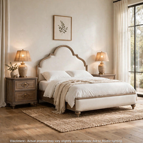 3pc King Bedroom Set, Rustic Oak Brown, Ivory, Gold Wood, 2 Nightstands