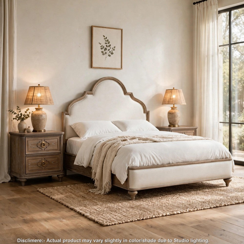3pc King Bedroom Set, Rustic Oak Brown, Ivory, Gold Wood, 2 Nightstands