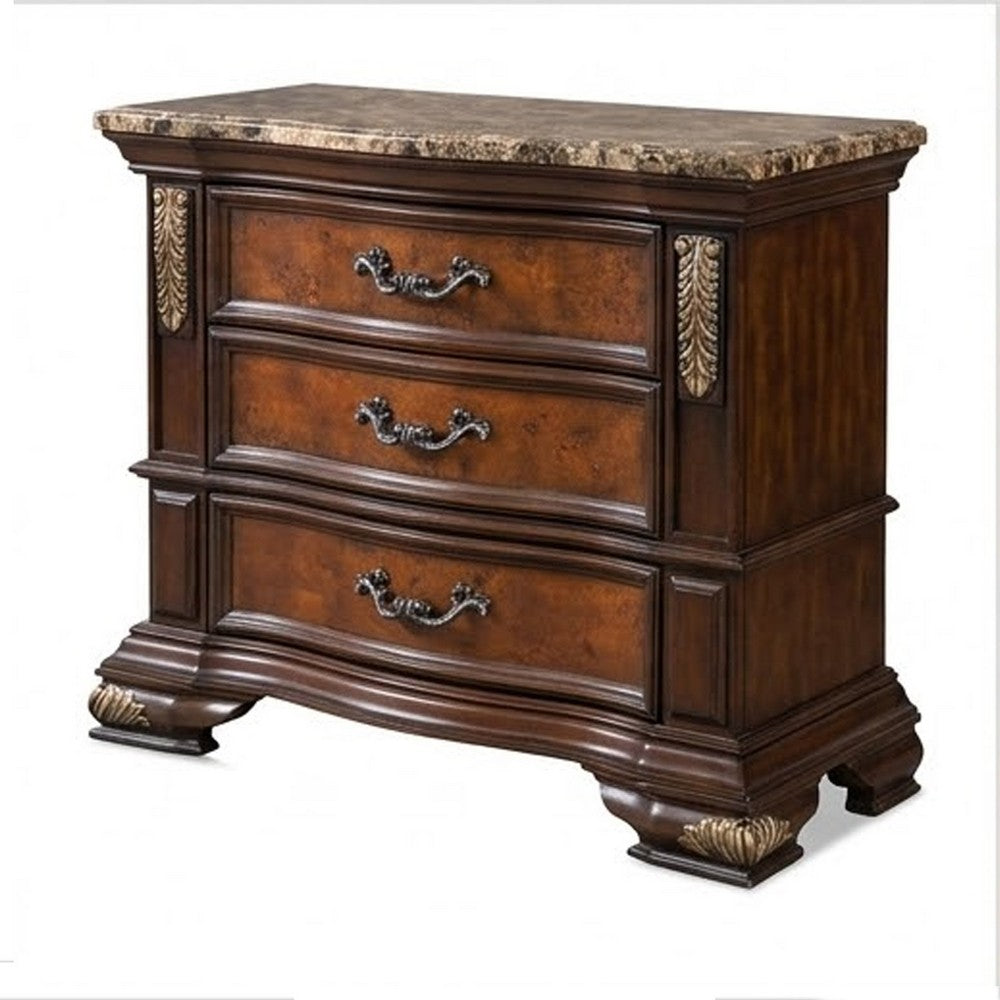 2pc King Bedroom Set, Cherry Brown, Oak Brown, Gold, Bronze Wood, Nightstand