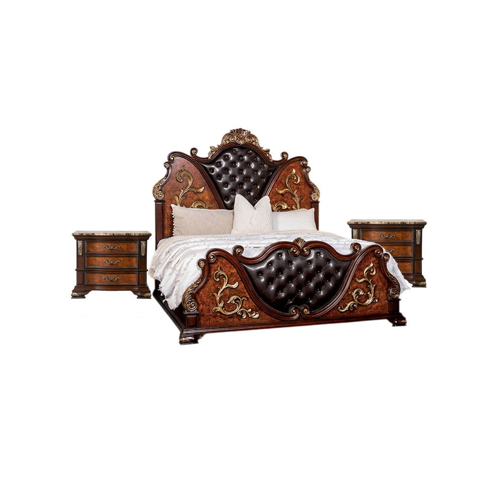 3pc King Bedroom Set, Cherry Brown, Oak Brown, Gold, Bronze Wood, 2 Nightstands