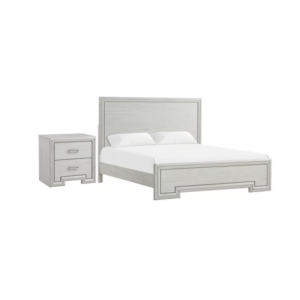 2pc King Bedroom Set, Rustic White, White, Nickel Wood, Nightstand