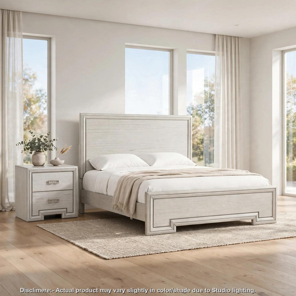 2pc King Bedroom Set, Rustic White, White, Nickel Wood, Nightstand
