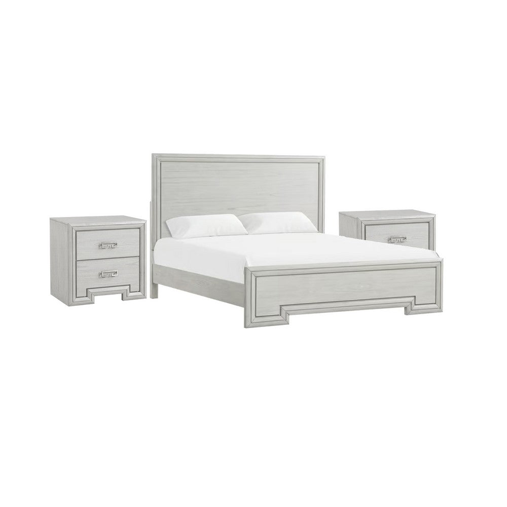 3pc King Bedroom Set, Rustic White, White, Nickel Wood, 2 Nightstands