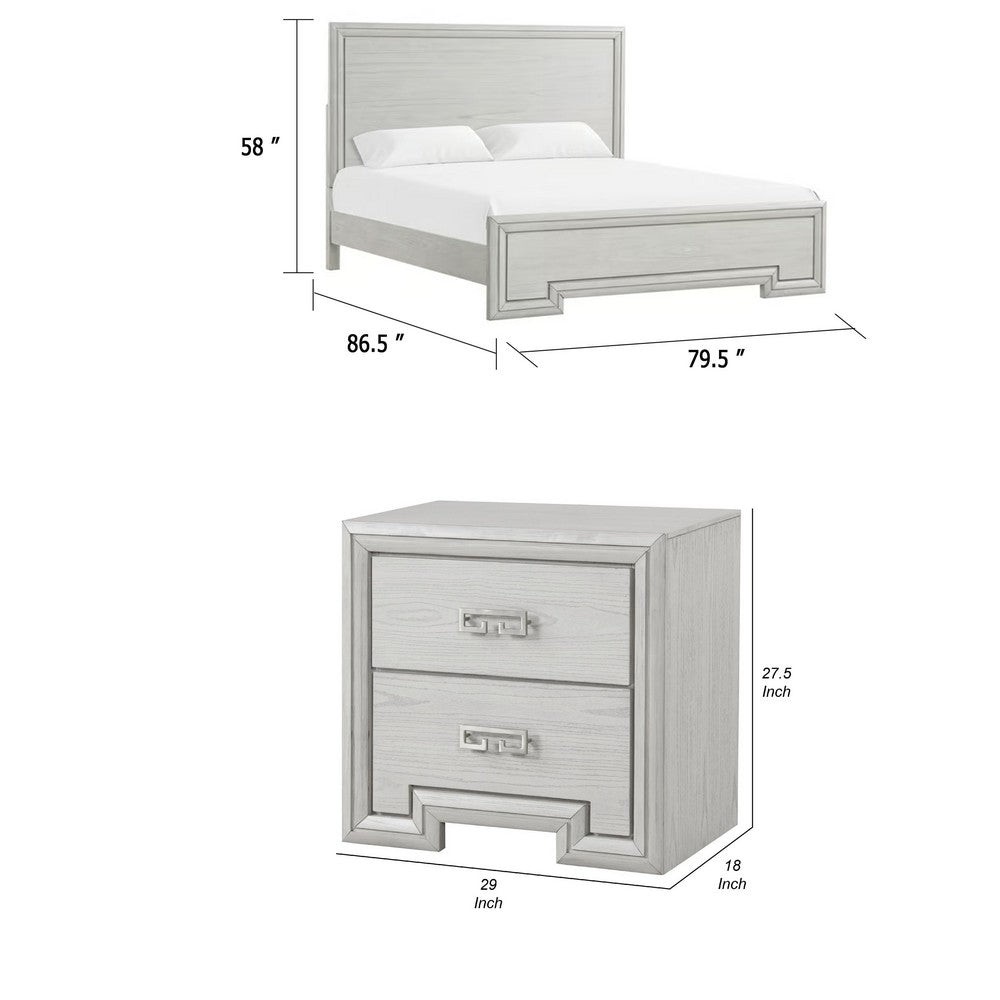 3pc King Bedroom Set, Rustic White, White, Nickel Wood, 2 Nightstands