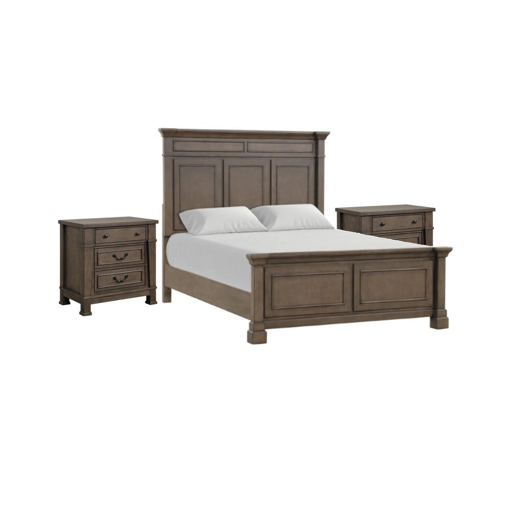 3pc King Bedroom Set, Walnut Brown, Black Wood, 2 Nightstands