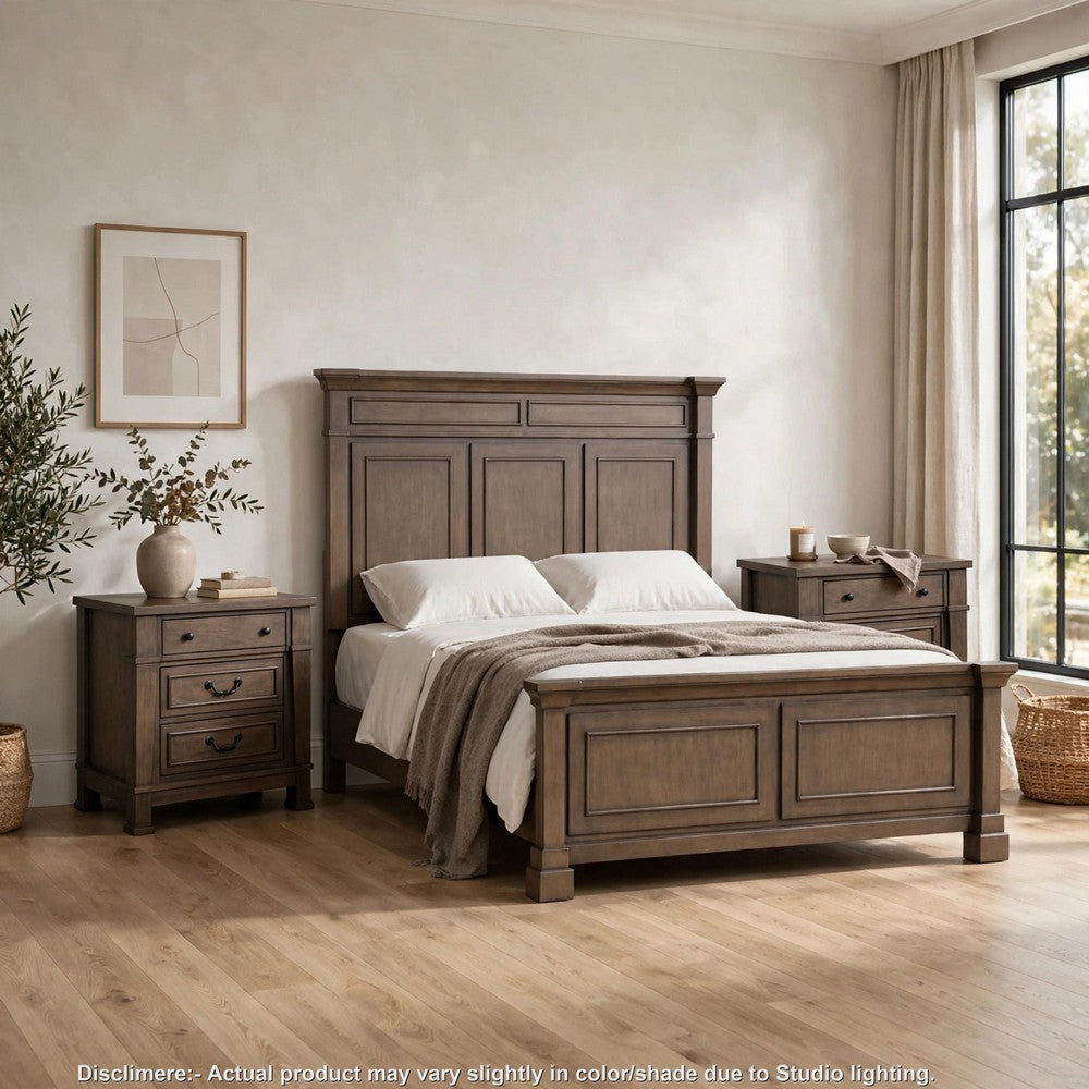 3pc King Bedroom Set, Walnut Brown, Black Wood, 2 Nightstands