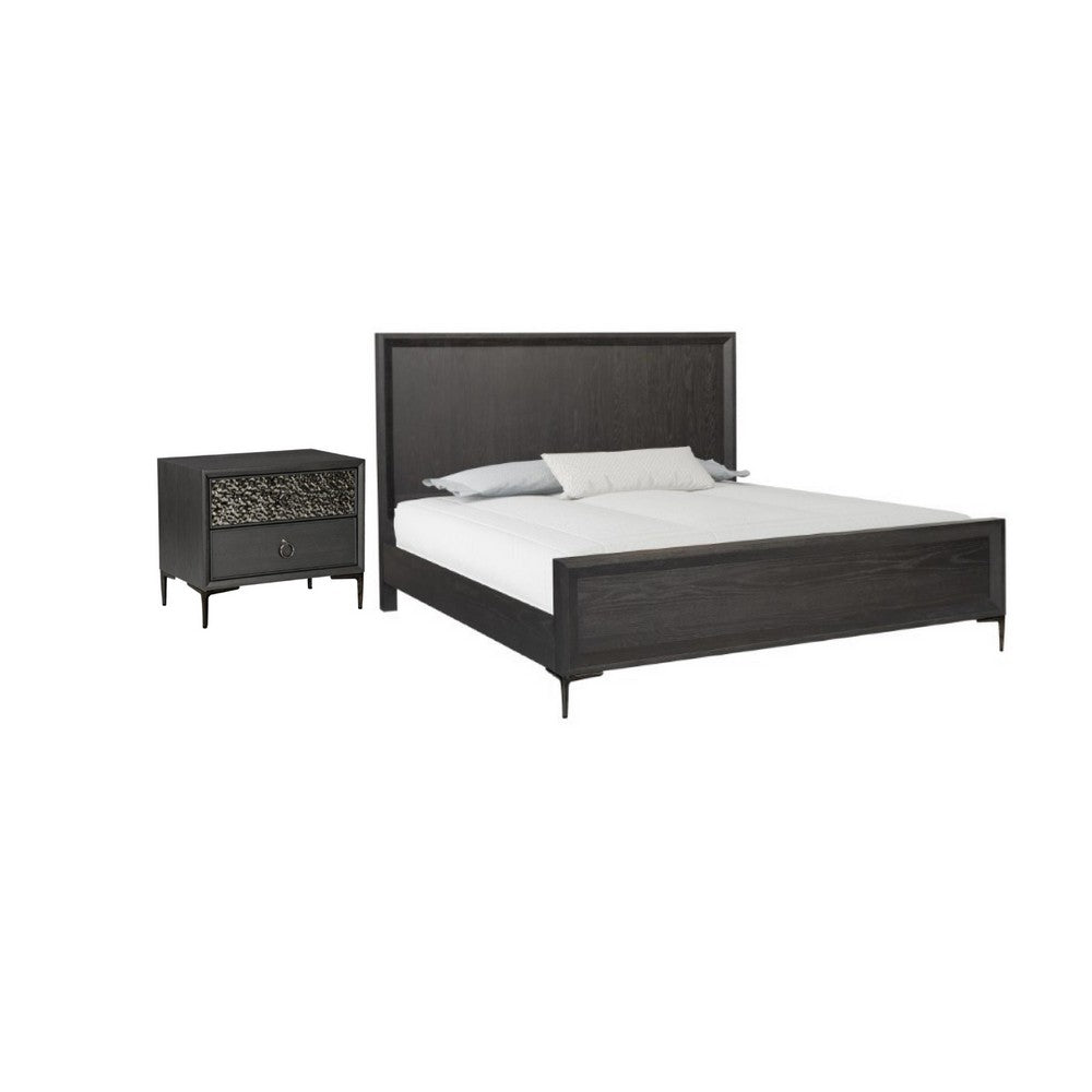2pc King Bedroom Set, Espresso Brown, Silver, Black Wood, Nightstand