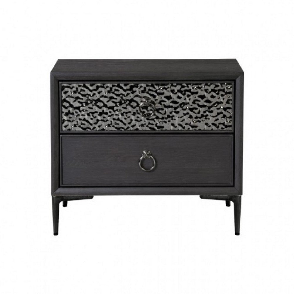 2pc King Bedroom Set, Espresso Brown, Silver, Black Wood, Nightstand