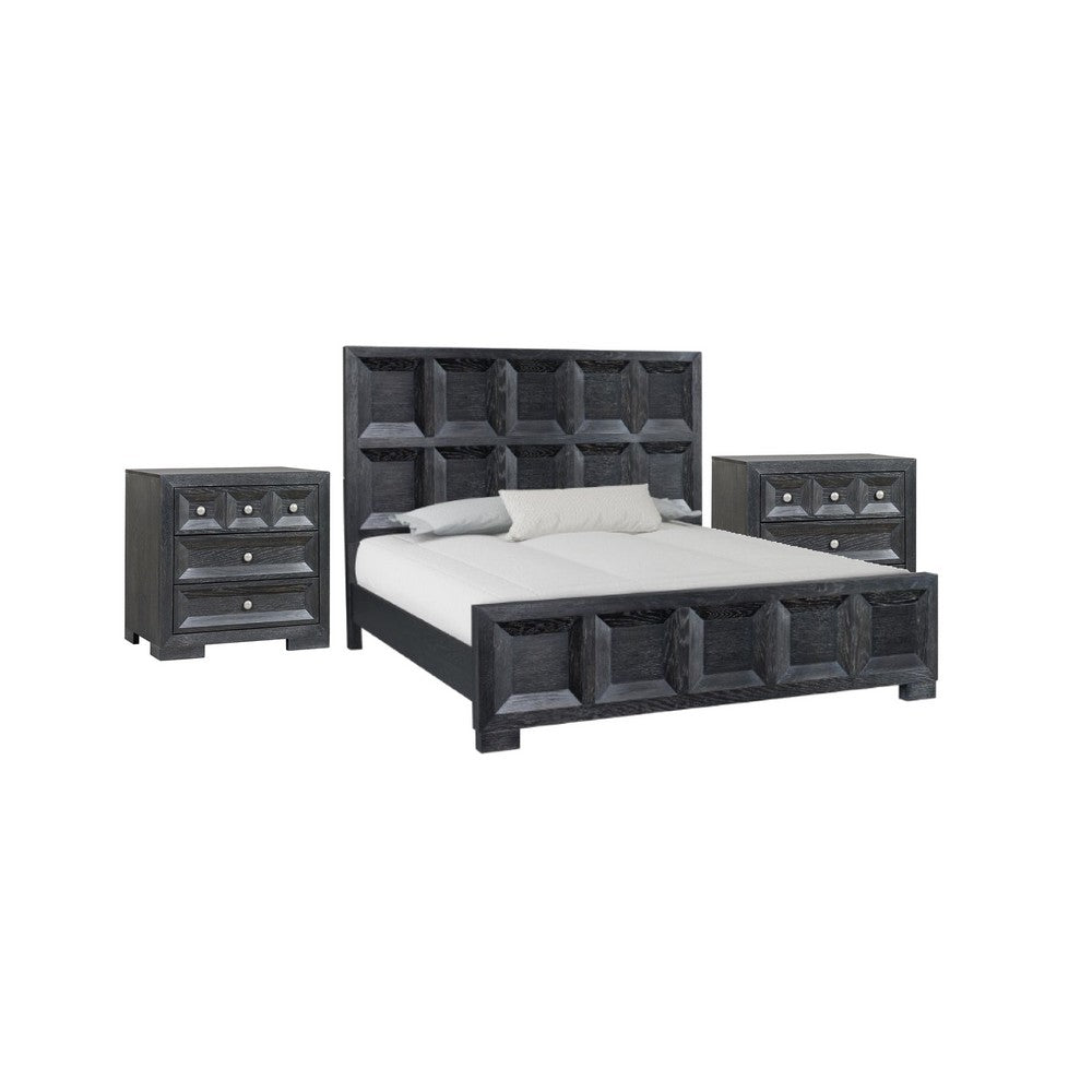 3pc King Bedroom Set | Weathered Black Wood | 2 Nightst&s