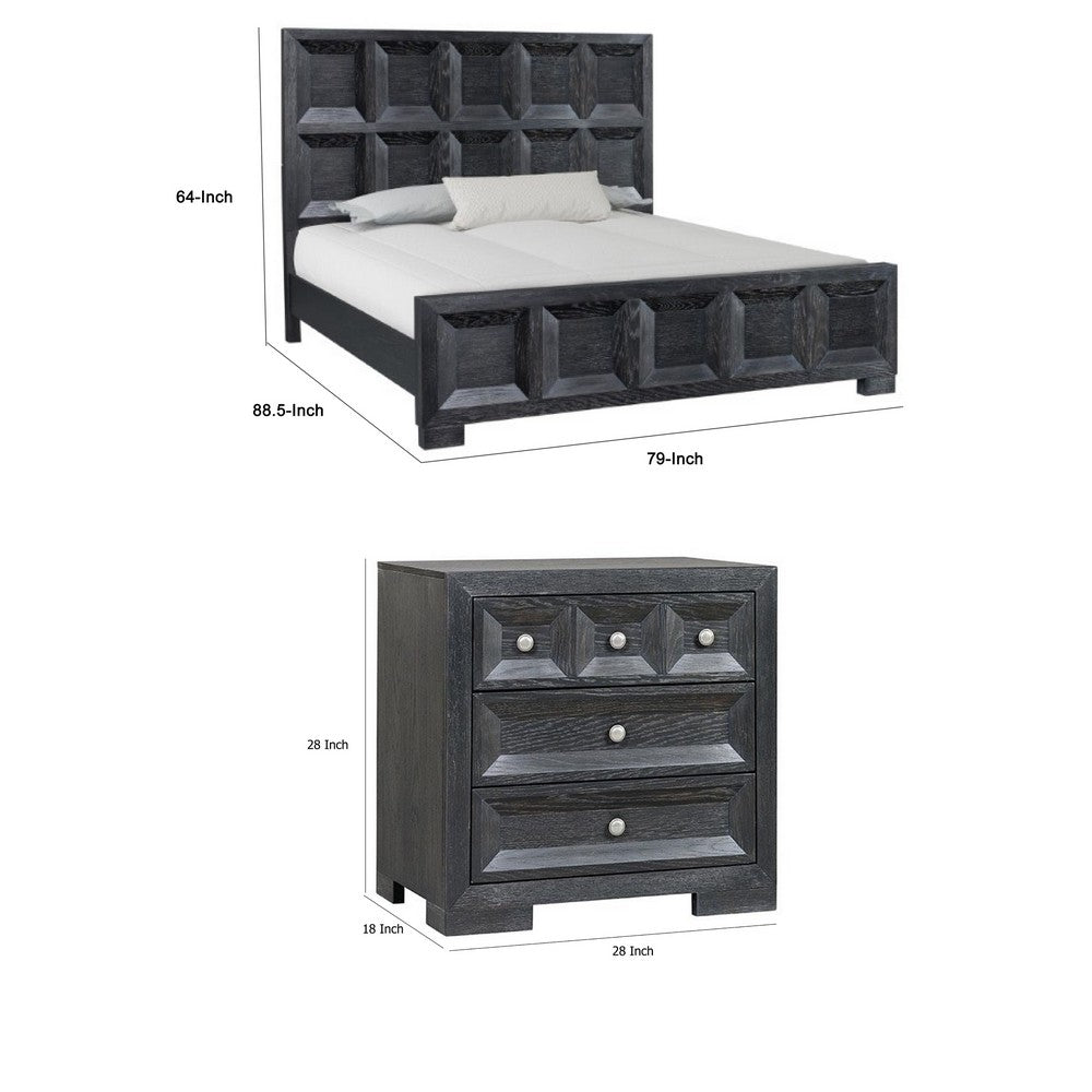 3pc King Bedroom Set | Weathered Black Wood | 2 Nightst&s