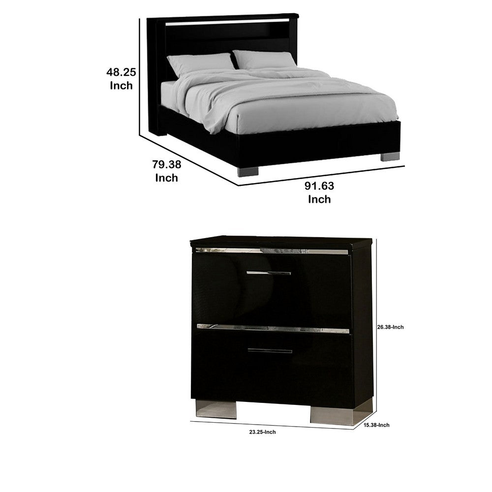 2pc King Bedroom Set, Black, Chrome Wood, Nightstand
