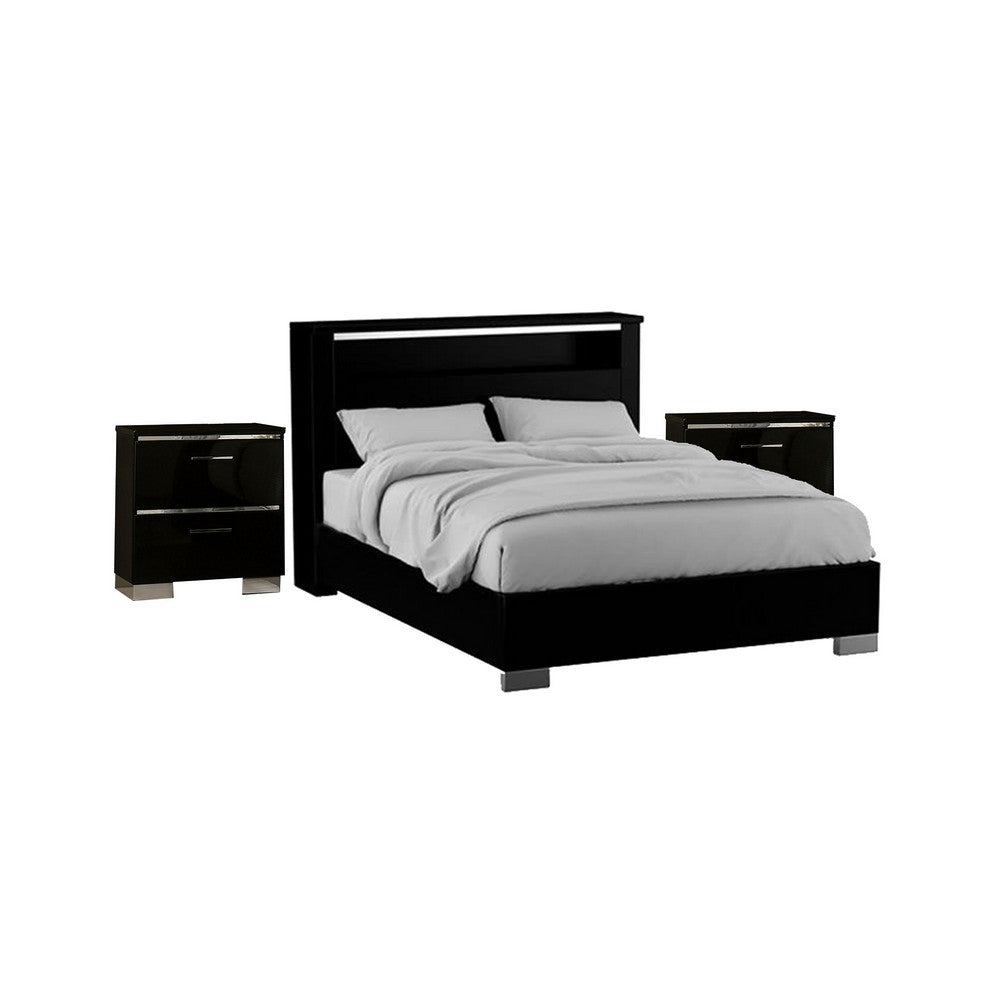 3pc King Bedroom Set, Black, Chrome Wood, 2 Nightstands