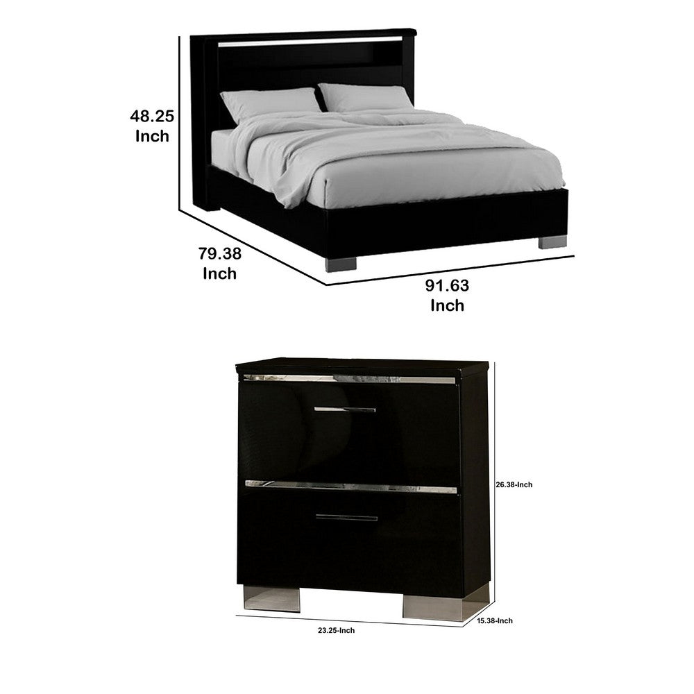 3pc King Bedroom Set, Black, Chrome Wood, 2 Nightstands