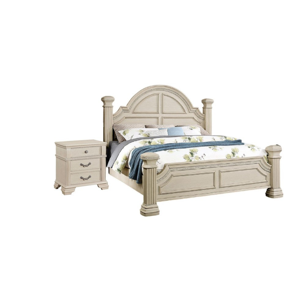 2pc King Bedroom Set, Antique White Wood, Nightstand