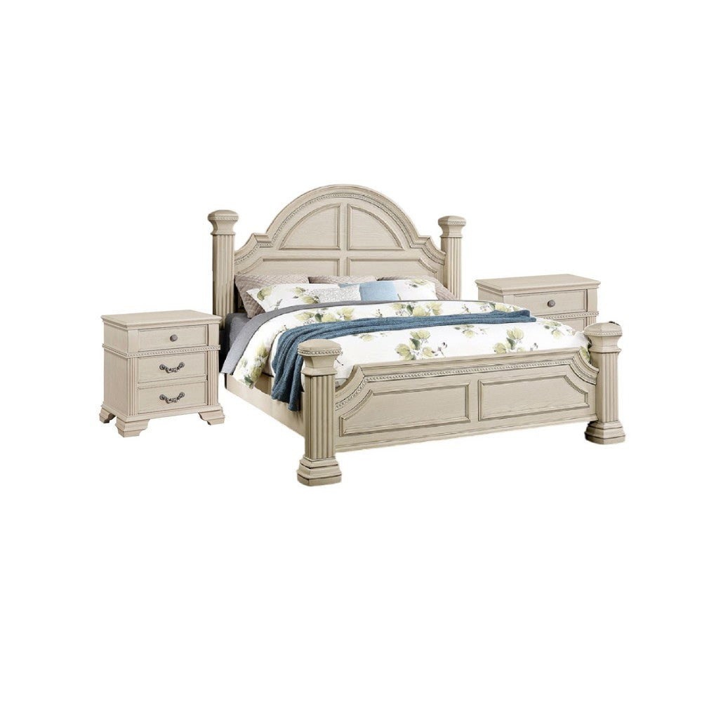 3pc King Bedroom Set, Antique White Wood, 2 Nightstands