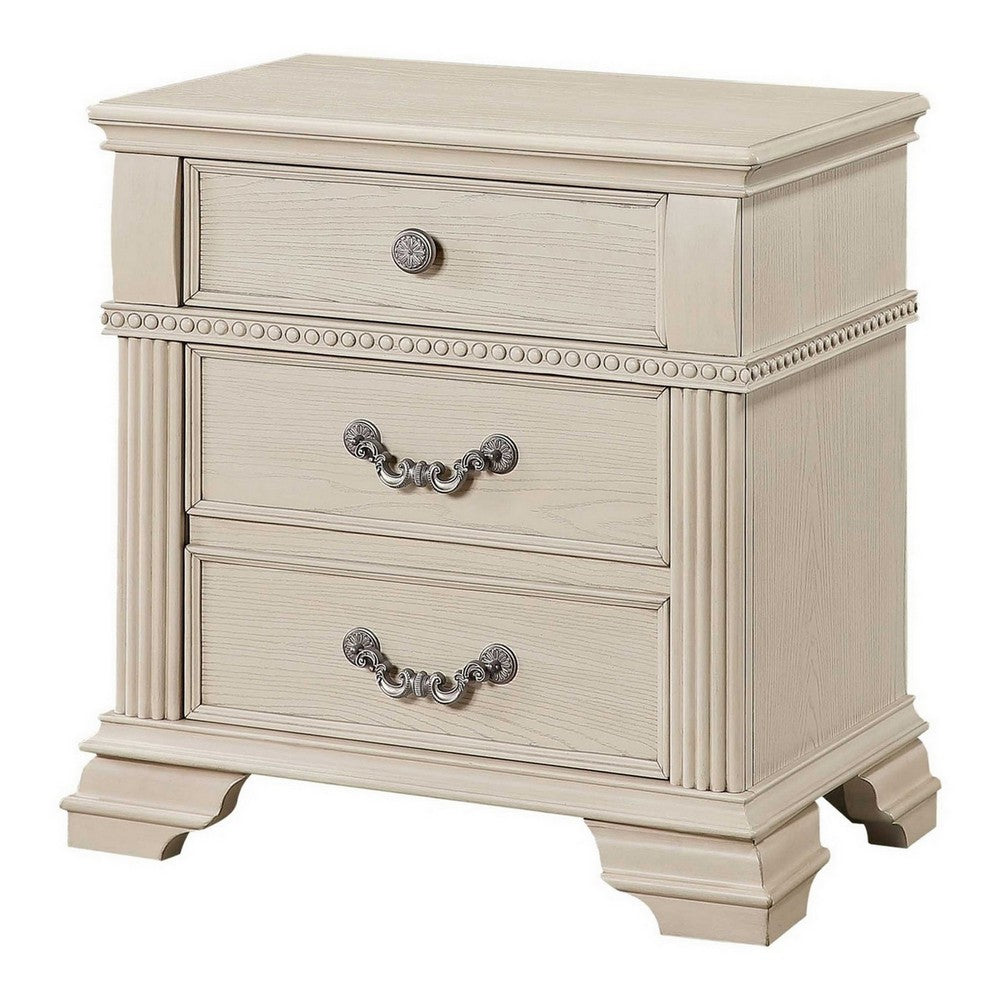 3pc King Bedroom Set, Antique White Wood, 2 Nightstands