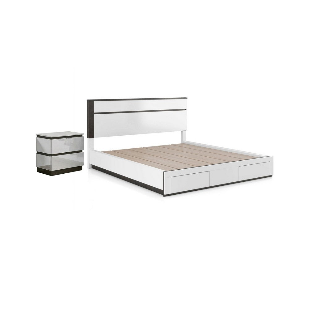2pc King Bedroom Set, White, Metallic Gray Wood, Nightstand