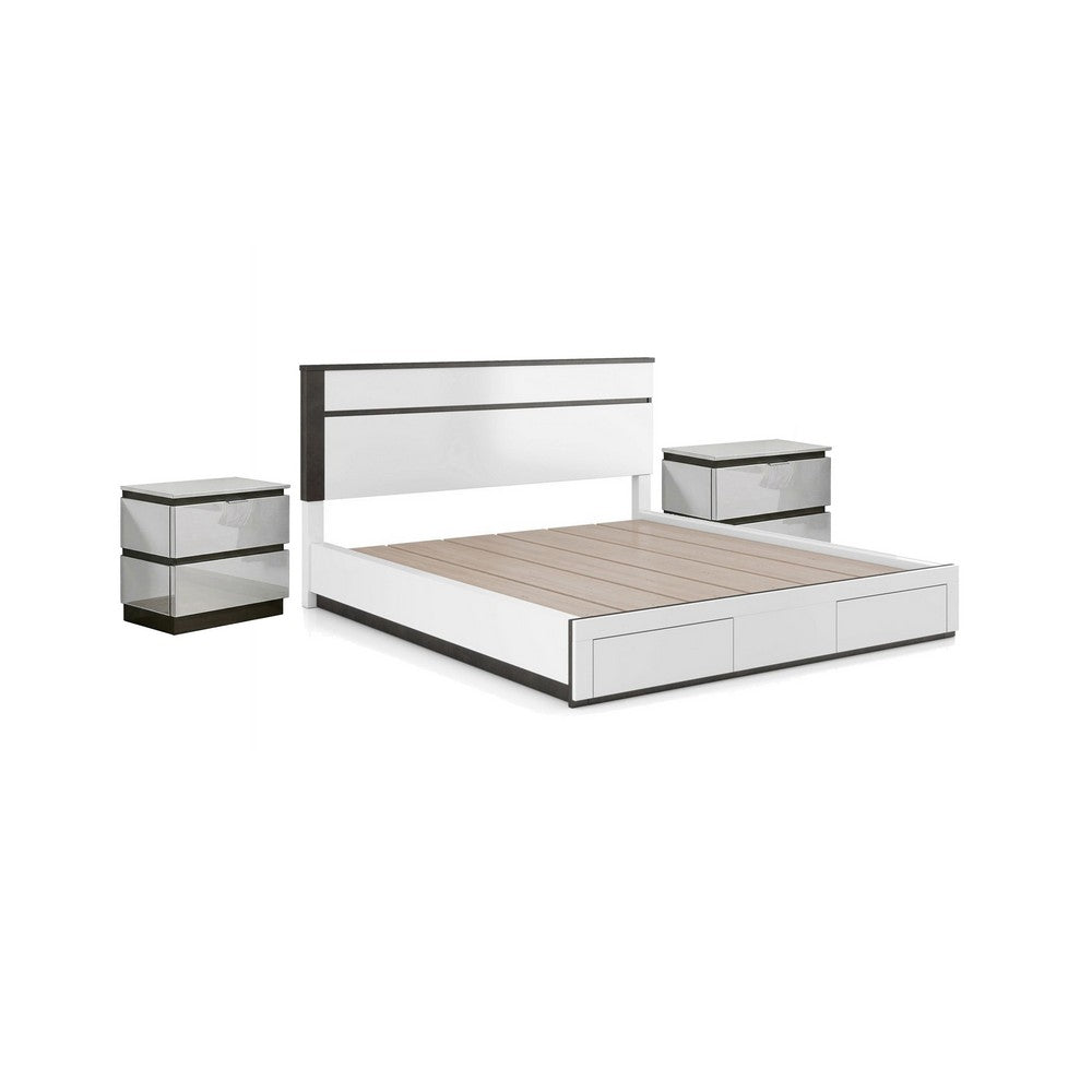 3pc King Bedroom Set, White, Metallic Gray Wood, 2 Nightstands