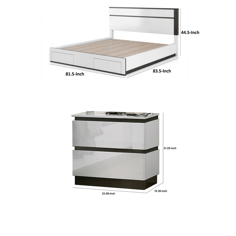 3pc King Bedroom Set, White, Metallic Gray Wood, 2 Nightstands