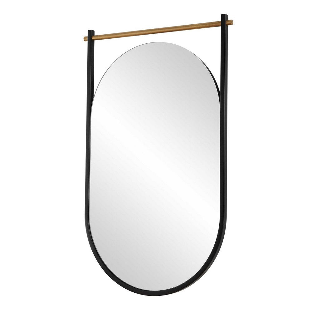 Decorative Oval Wall Mirror | Gold Leaf Rod | 21x34 Satin Black Hanging Frame