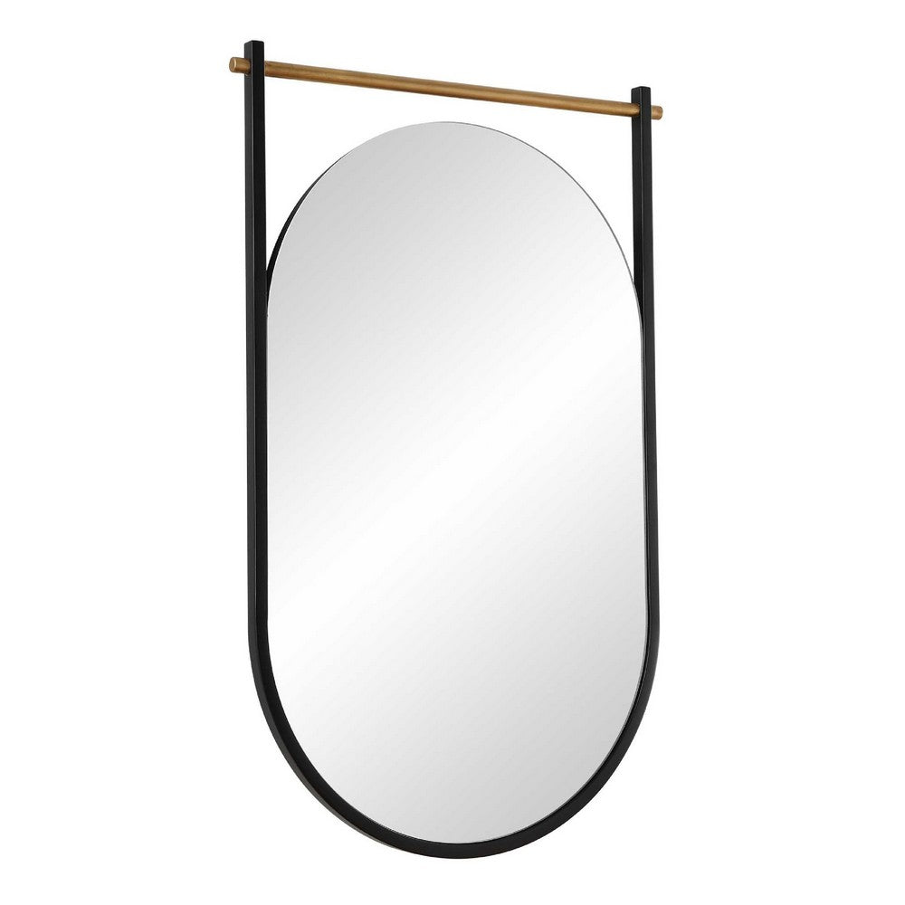 Decorative Oval Wall Mirror | Gold Leaf Rod | 21x34 Satin Black Hanging Frame
