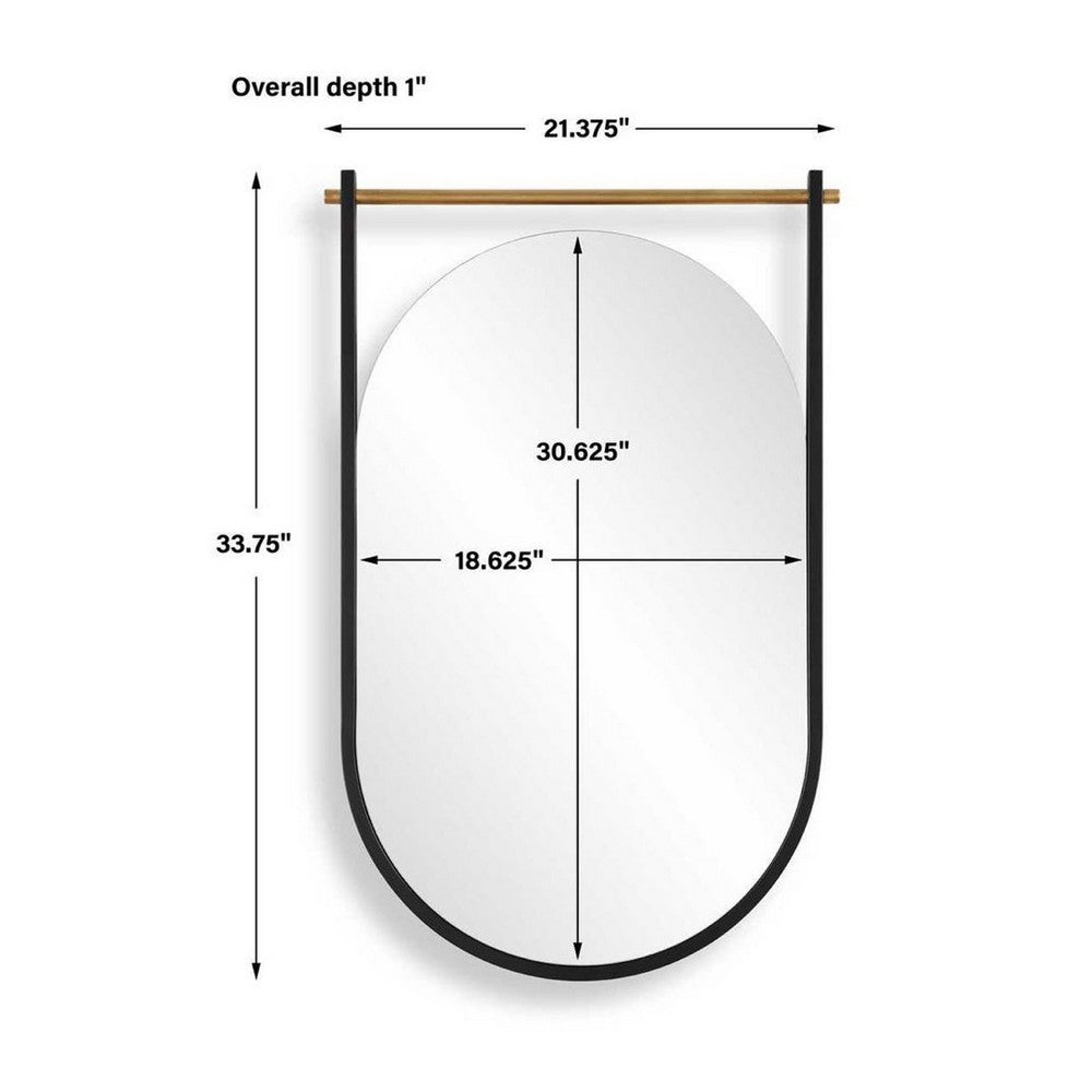 Decorative Oval Wall Mirror | Gold Leaf Rod | 21x34 Satin Black Hanging Frame