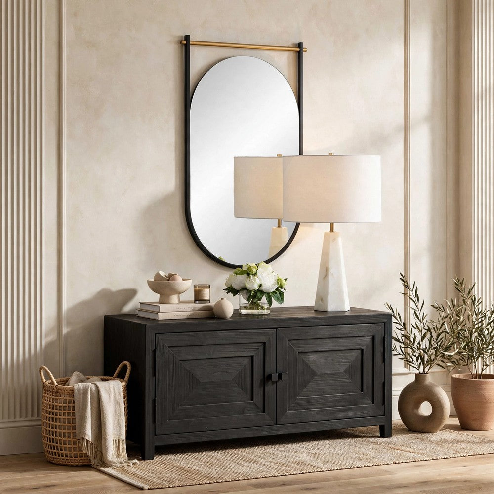 Decorative Oval Wall Mirror | Gold Leaf Rod | 21x34 Satin Black Hanging Frame