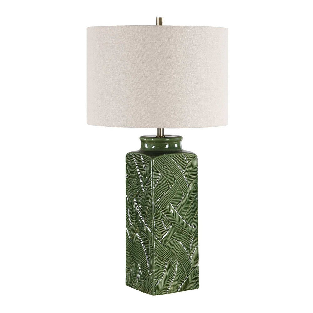 Table Lamp | Beige Shade | Raised Leaf Motif | Glossy Green Ceramic | 28"