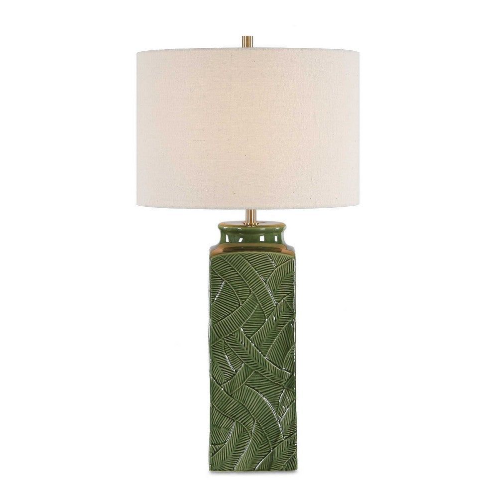 Table Lamp | Beige Shade | Raised Leaf Motif | Glossy Green Ceramic | 28"