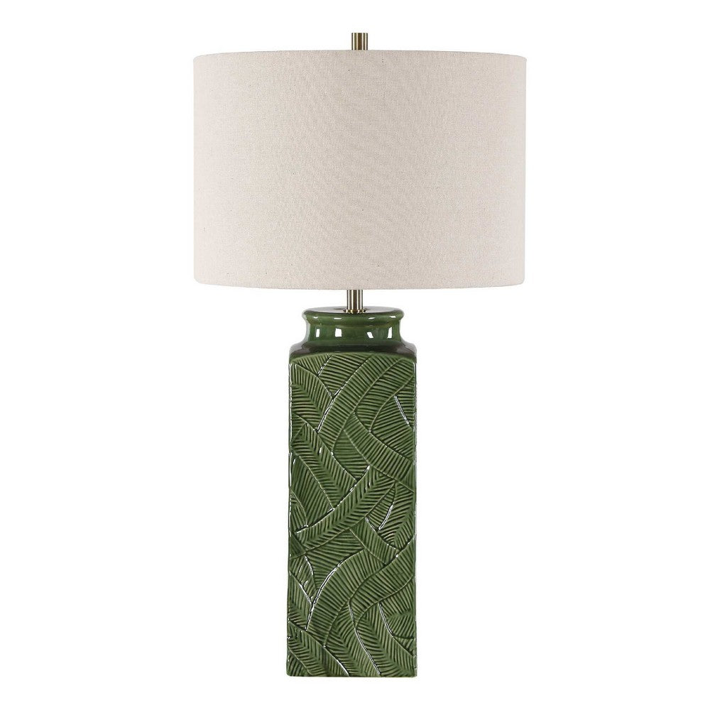 Table Lamp | Beige Shade | Raised Leaf Motif | Glossy Green Ceramic | 28"