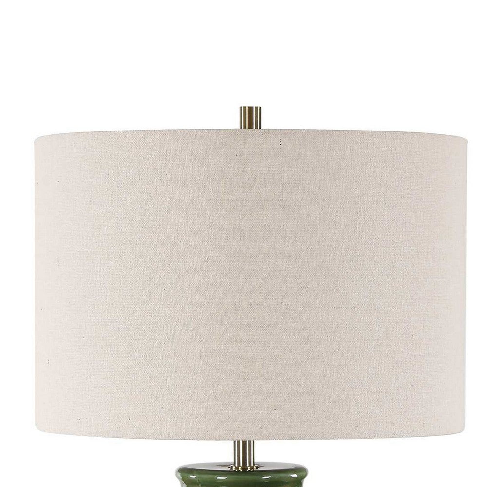 Table Lamp | Beige Shade | Raised Leaf Motif | Glossy Green Ceramic | 28"