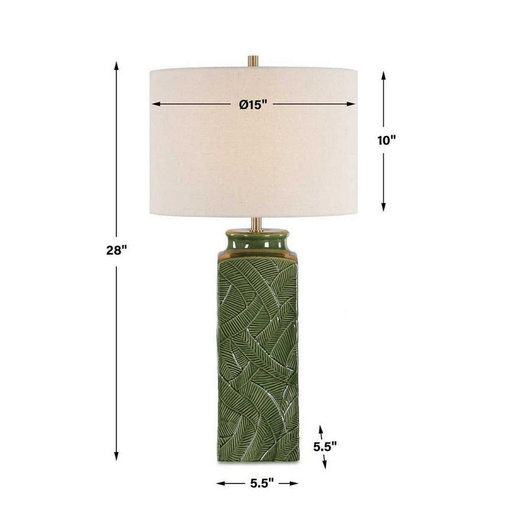 Table Lamp | Beige Shade | Raised Leaf Motif | Glossy Green Ceramic | 28"