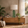 Table Lamp | Beige Shade | Raised Leaf Motif | Glossy Green Ceramic | 28"