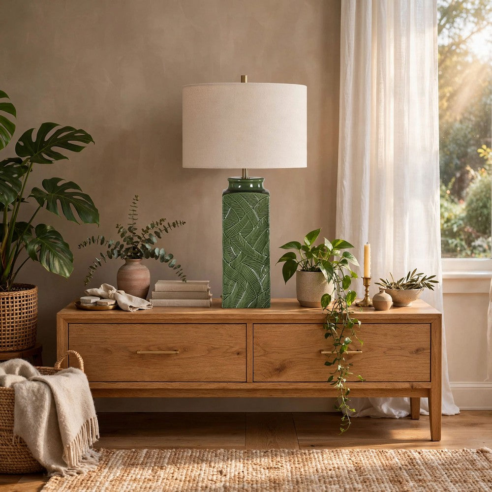 Table Lamp | Beige Shade | Raised Leaf Motif | Glossy Green Ceramic | 28"