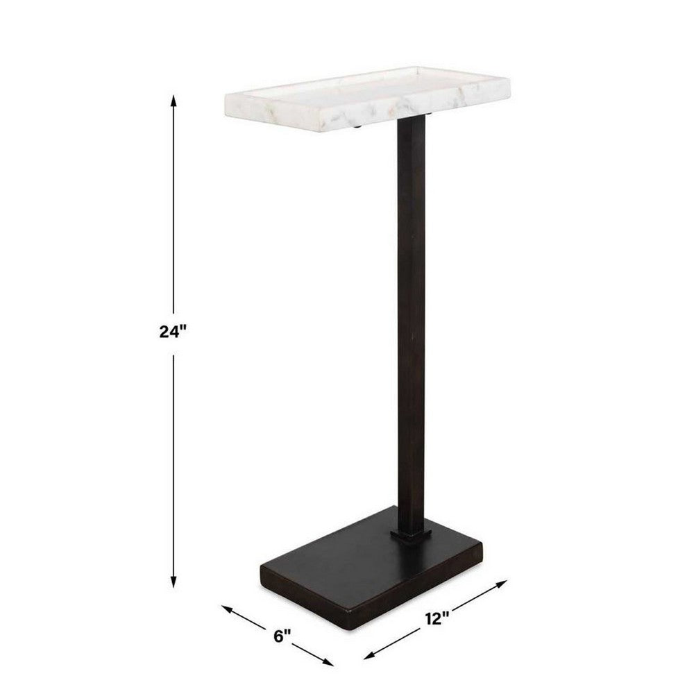 Accent Side End Drink Table | White Marble Top | Bronze Iron | 24"
